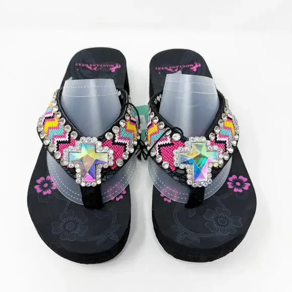 NWT Montana West Black/Multicolor Chunky Flipflops with Rhinestones Cross Detail - Picture 2 of 9